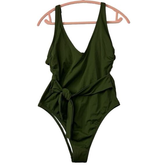 Shade and Shore Size L One Piece Swimsuit Olive Green Side Knot Open Back NEW - Picture 1 of 9